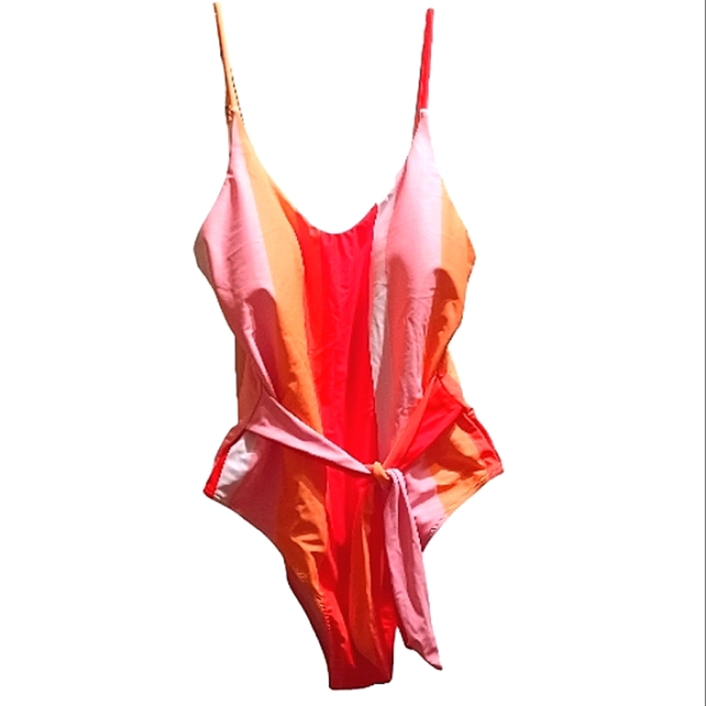 SHEIN Striped Tie Speghetti Strap Multicolor Bra 1-Piece Bathing Suiy - Picture 3 of 10